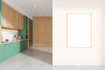 Modern home kitchen interior with cooking cabinet, sink and mockup frame