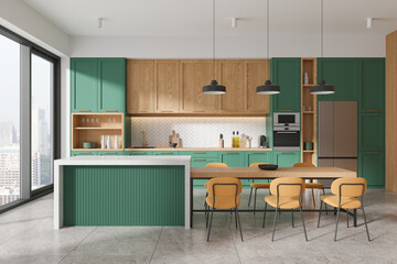 Green and wooden kitchen interior with island