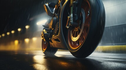 A close-up of a motorcycle's tire gripping the asphalt, showcasing the sheer power and traction of the machine. - obrazy, fototapety, plakaty