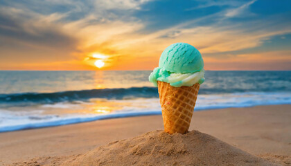 Abstract image of an Ice cream cone in the sand on the beach with sea and sunset in the background....