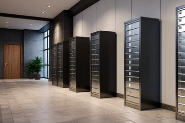 Grey steel Mailboxes in an apartment residential building inside. Modern rows of numbered mailbox, creative design mail backgrounds. Urban correspondence concept. Copy ad text space. Generated Ai