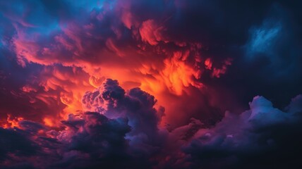Dramatic red and blue clouds with a tumultuous appearance