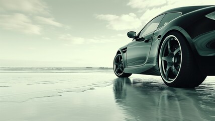 Sports car parked on a serene beach, reflection on wet sand