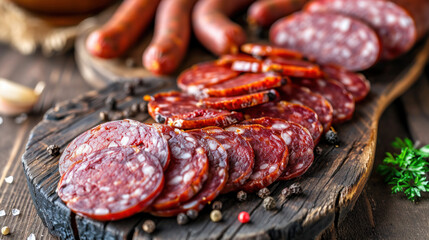 Selection of gourmet smoked sausages on rustic wooden board. Delicatessen and gourmet food