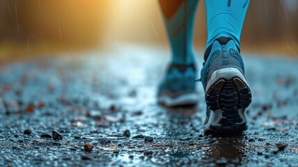 Close-up of runner's feet on a wet road - obrazy, fototapety, plakaty