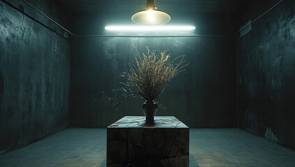 A bouquet of dried flowers is on the table in the basement,Generated by AI