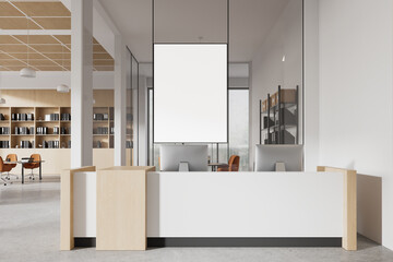 White and wooden office interior with reception and poster - obrazy, fototapety, plakaty