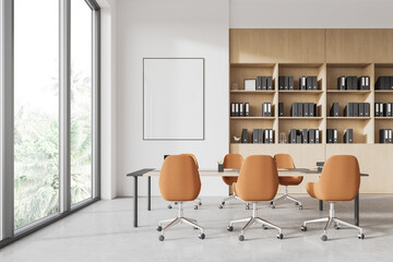 White office board room interior with bookcase and poster