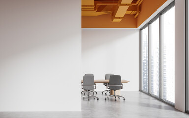 Stylish office room interior with meeting table and chairs, window. Mock up wall