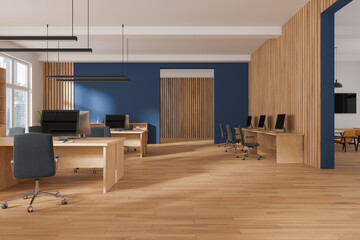 Minimalist office interior with coworking and meeting zone, panoramic window