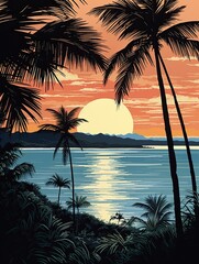 Seascape Art Print: Silhouetted Palm Beaches, Nature View, Beach Landscape
