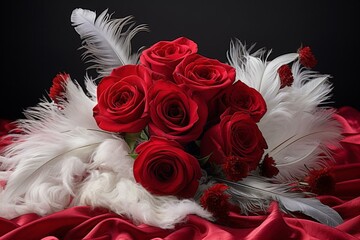red roses on white with feather. Generative AI