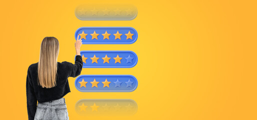 Woman giving five stars rating over yellow