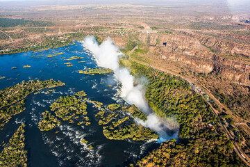 Top view of the Victoria falls waterfall on Zambezi river.