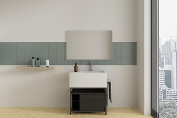 Stylish hotel bathroom interior with sink and accessories, panoramic window