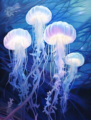 Mesmerizing Luminosity: Sea Art - Luminescent Jellyfish and Ocean Landscape Print