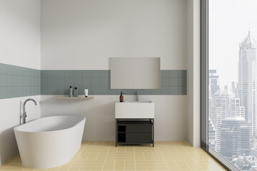 Fototapeta na wymiar Stylish home bathroom interior with sink and bathtub, accessories and window