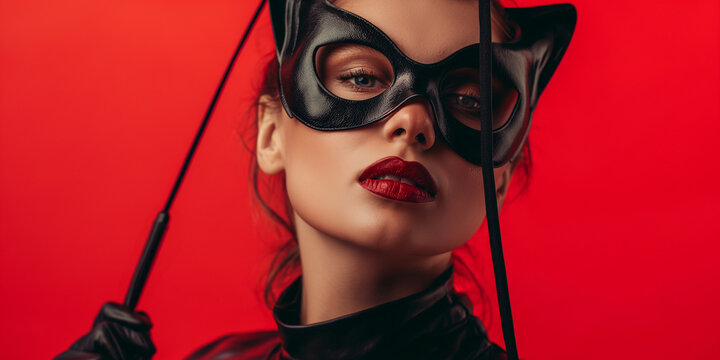 Femdom vor rotem Hintergrund mit Maske und Peitsche in der Hand