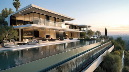 Fototapeta premium High end modern mega mansion on hills with large shimmering pool and a long garden. Generative AI.