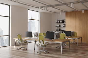 Modern coworking interior with desk and shelf, workspace near panoramic window