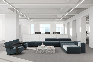 White office interior with coworking and lounge zone, panoramic window