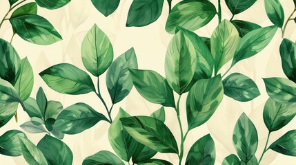 Watercolor style illustration of vibrant green leaves on a whimsical background.