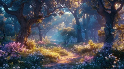 Tuinposter Twilight in an enchanted forest with a floral pathway and mystical lighting. © AdriFerrer