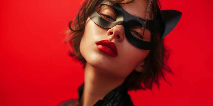 Maskierte Frau vor rotem Hintergrund verbirgt ein Geheimnis