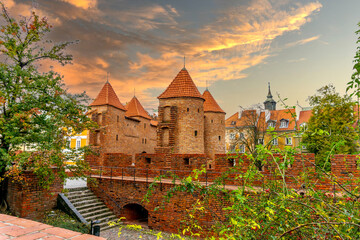 Old fortified Castle Barbican located in the center of Warsaw, Poland, October, 2023.