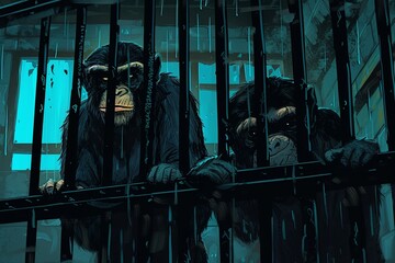 Monkeys Sitting on Top of a Metal Fence - obrazy, fototapety, plakaty