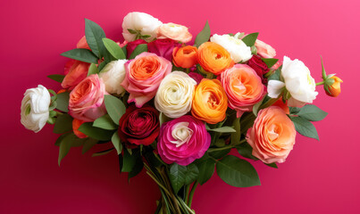 lush bouquet of multicolored roses on a vivid pink background