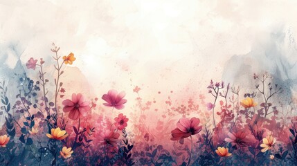 Soft watercolor flowers blend into a dreamy pastel background.