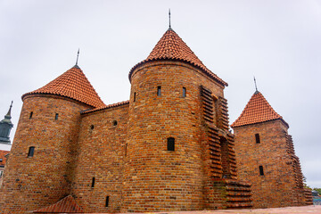 Old fortified Castle Barbican located in the center of Warsaw, Poland, October, 2023.