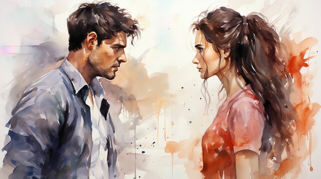 Conflicts between husband and wife. Concept of divorce, disagreement, relationship troubles misunderstanding in family. Watercolor illustration.