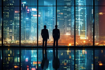 Silhouettes of businessmen against the background of the city