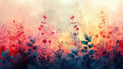 Watercolor nature scene with dreamy flora in sunset hues. - obrazy, fototapety, plakaty