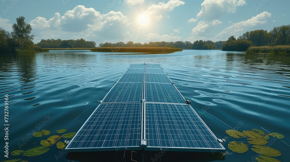 Aufkleber a lake where solar panels float on the water. generative ai.
