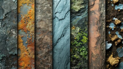 Richly textured rock formations with colorful lichen growths. - obrazy, fototapety, plakaty