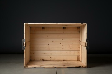 Open crate on plain background seen from the front. Generative AI