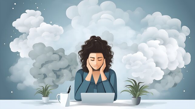Professional burnout syndrome. Tired female manager in office sitting at the laptop. Deadline, stress, depression at work.