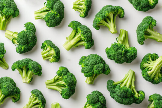 A Pile of Broccoli Florets on a White Surface Fresh broccoli florets arranged neatly on a clean white surface.