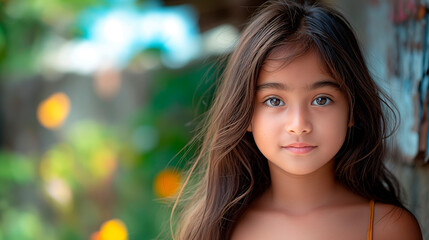 Naklejka premium Retrato de niña filipina joven, morena de ojos negros, primer plano, con fondo desenfocado