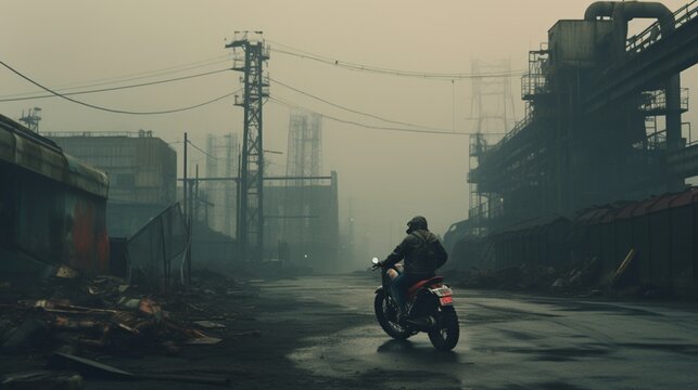 A gritty, industrial setting with a lone motorcycle rider, showcasing the urban spirit of the open road.