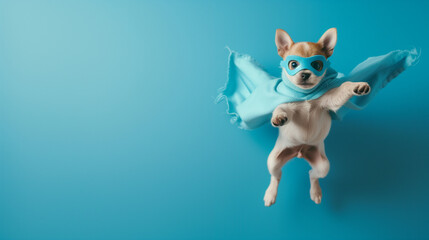 Flying Canine Crusader The Adventures of the Superhero Dog with Mask and Cape in front of a Blue Background