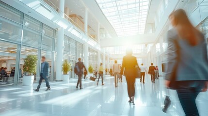 Sunrays illuminating a bustling corporate building entrance.