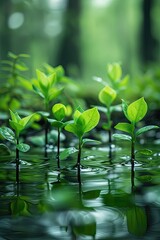 Saplings rising from water, serene green backdrop.