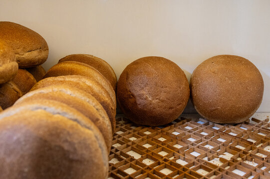 Round bread sold on the counter at the baker's shop.