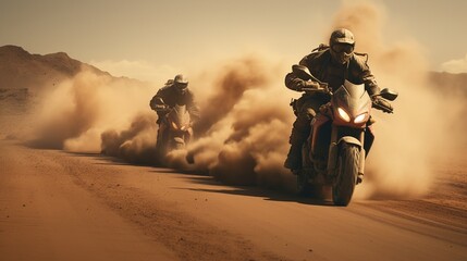 A high-speed chase between two motorcycles on a desert road, kicking up clouds of dust in their pursuit. - obrazy, fototapety, plakaty