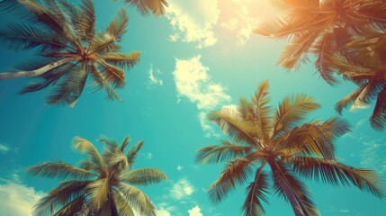 Palm trees against a blue sky with sun flare.