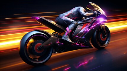 A high-speed racing bike executing intricate maneuvers on a track composed of vibrant digital circuits. - obrazy, fototapety, plakaty